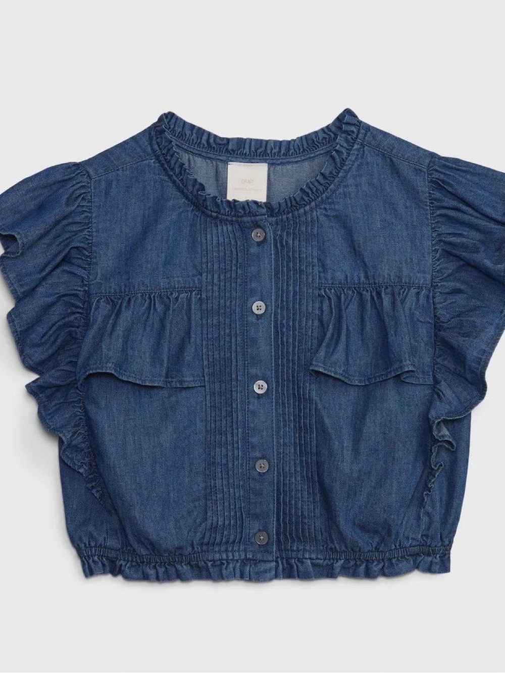 LoveShackFancy X Gap Girls' Denim Blue Ruffle Button-Front Top